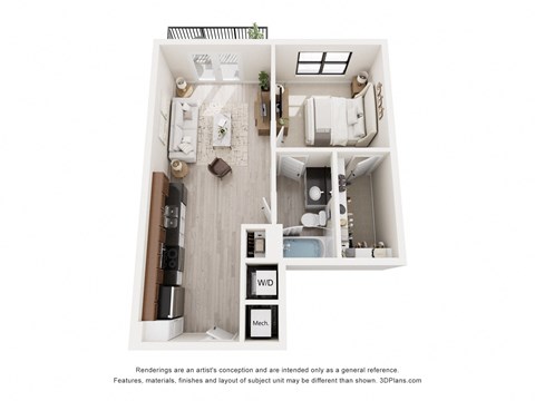 Floor plan for 1 bed, 1 bath, 647 sqft